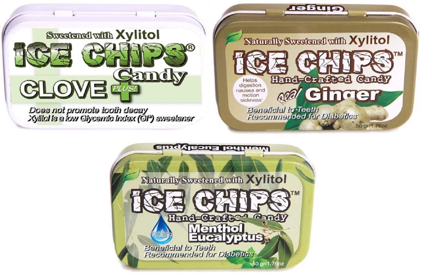 ICE CHIPS Caramelo Clove, Ginger, Menthol Eucalyptus - Pack de 3 unidades