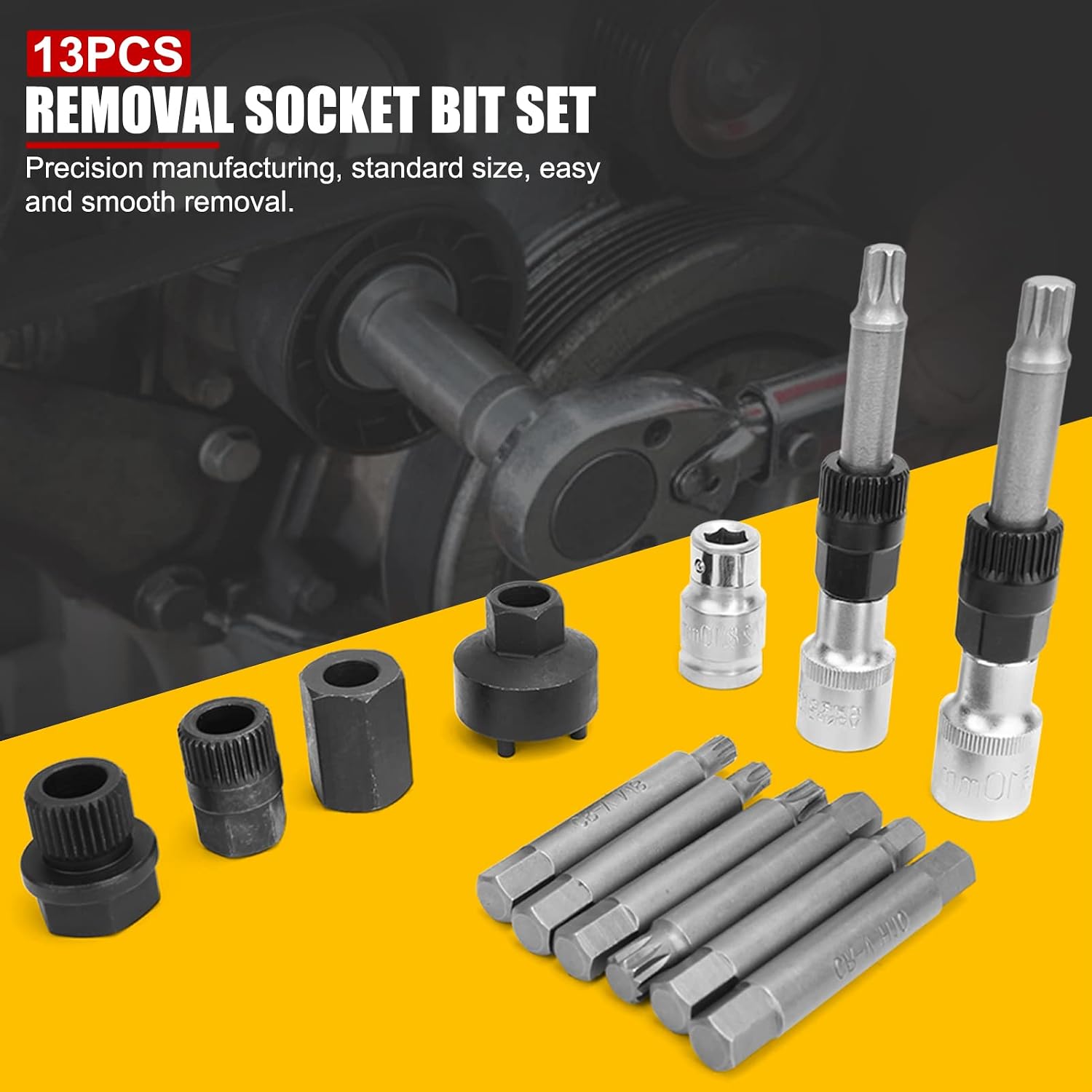 13pcs Alternator Freewheel Pulley Removal Tool Kit, Heat-Treated Carbon Steel, Precision Fit, with Sockets and Bits, for Automotive Repair Mechanics