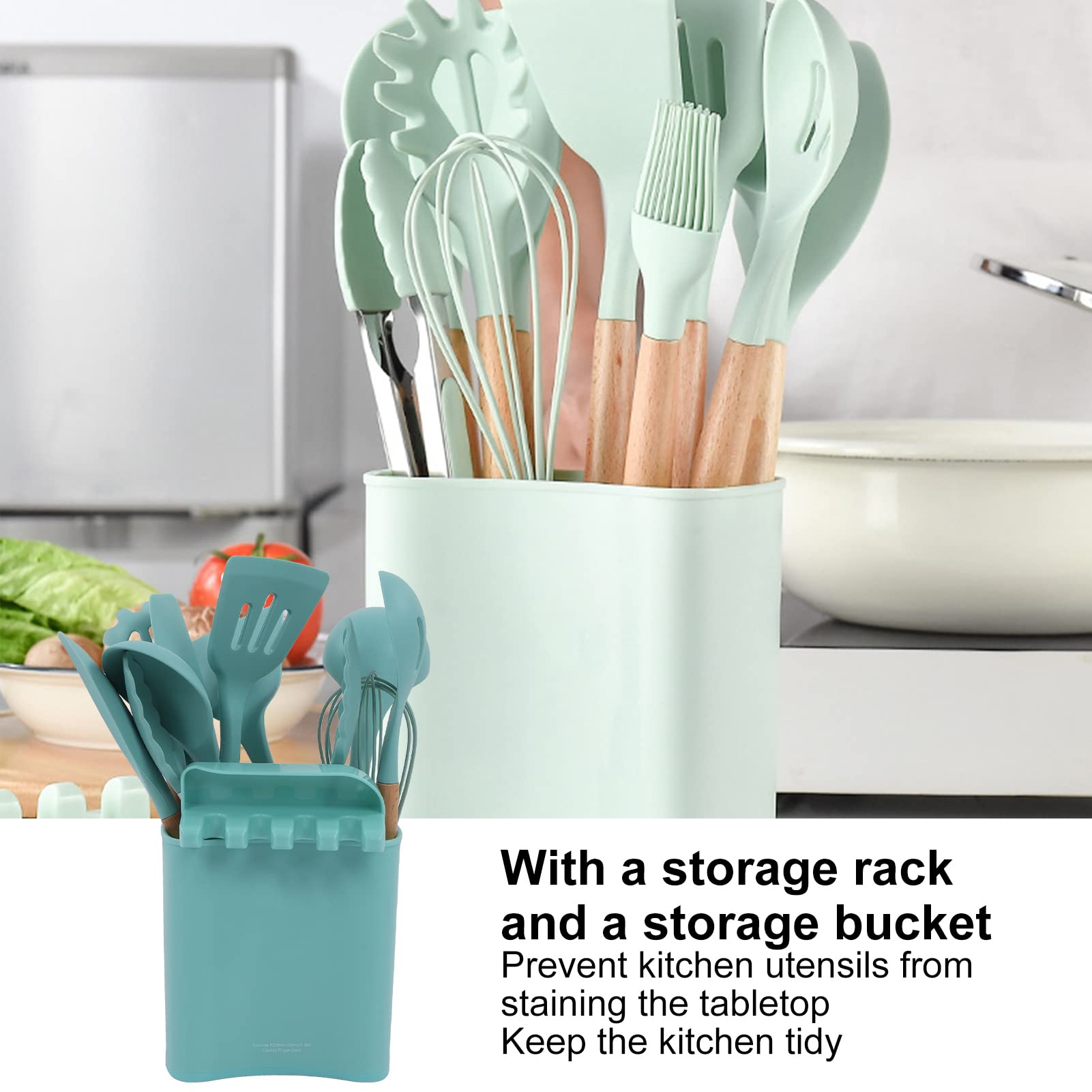 Ensemble D'Ustensiles de Cuisine en Silicone 13 Pièces, Ensemble de Spatules À Ustensiles À Coller Librement Avec Support, Ensemble de Spatules À Ustensiles (Vert foncé)