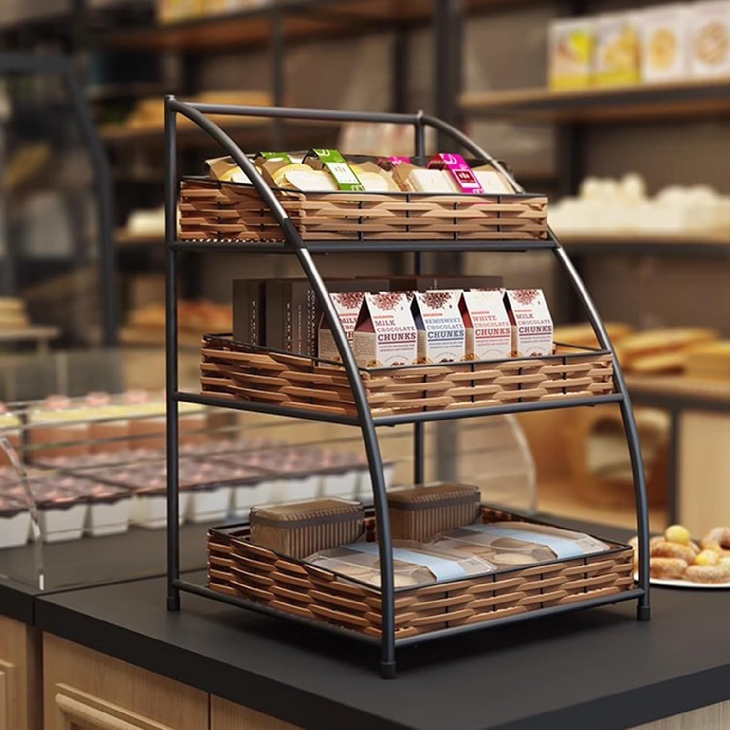 Bakery Display Rack for Countertops, Small Supermarket Food Organizer Rack for Snack Cans/Fruit Veggies, Food Baskets for Bar/Gameroom/Party(3-Tiers)