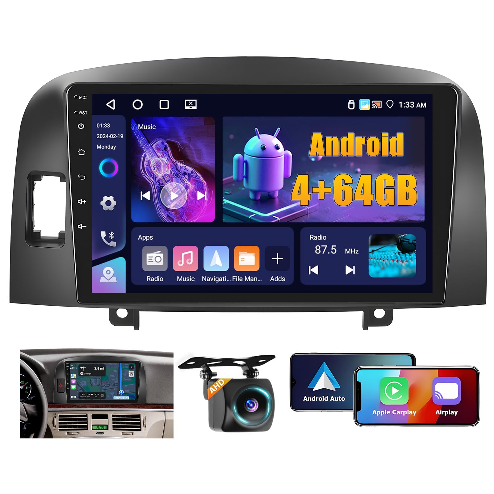 Fuluku 4+64GB Android 15 Car Stereo for Hyundai Santa 2004-2008 Wireless Carplay Android Auto 9" Touch Screen Car Radio Dash Kit with GPS WiFi