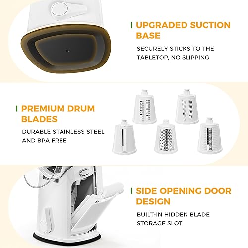 Miniatura 5 de Rallador de queso giratorio 7 en 1 mejorado con asa, triturador de verduras con ranura de almacenamiento incorporada, 5 cuchillas versátiles, base