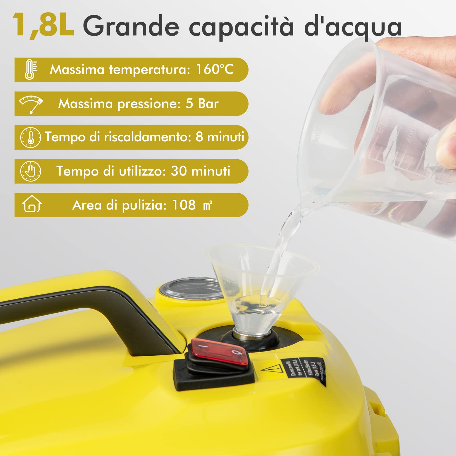 COSTWAY 2000W Pulitore a Vapore, Macchina per Pulizia Rotante con 13 Accessori, Capacità d'Acqua di 1,8L, Macchina a Vapore Multiuso per Tappeti Finestre Vetri e Tende (Giallo)
