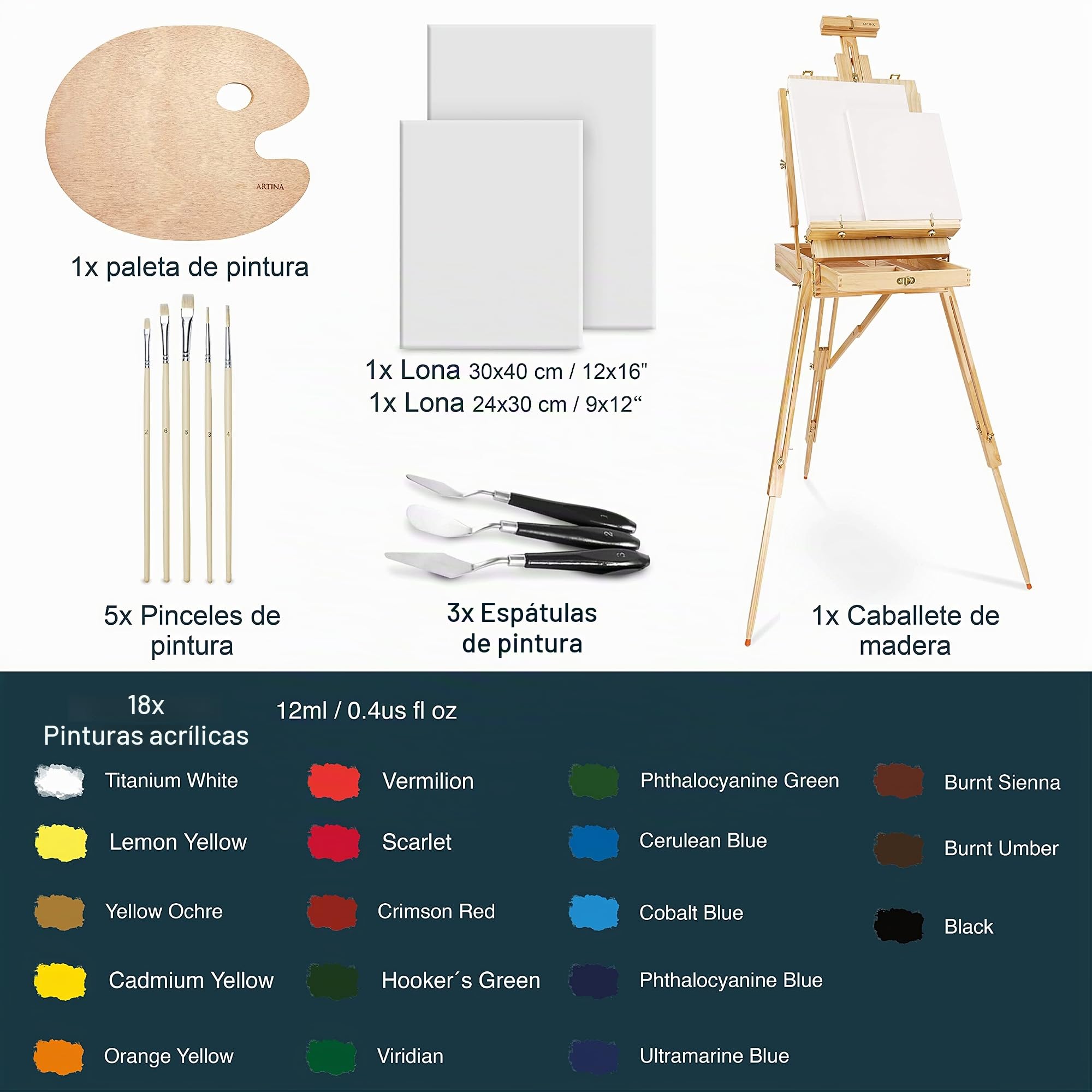 Artina Set Pintura con Caballete 30 Piezas Maletín para Artistas | Pinturas acrílicas lienzos pinceles y espátulas kit acrílica para principiantes regalo Natale Madrid