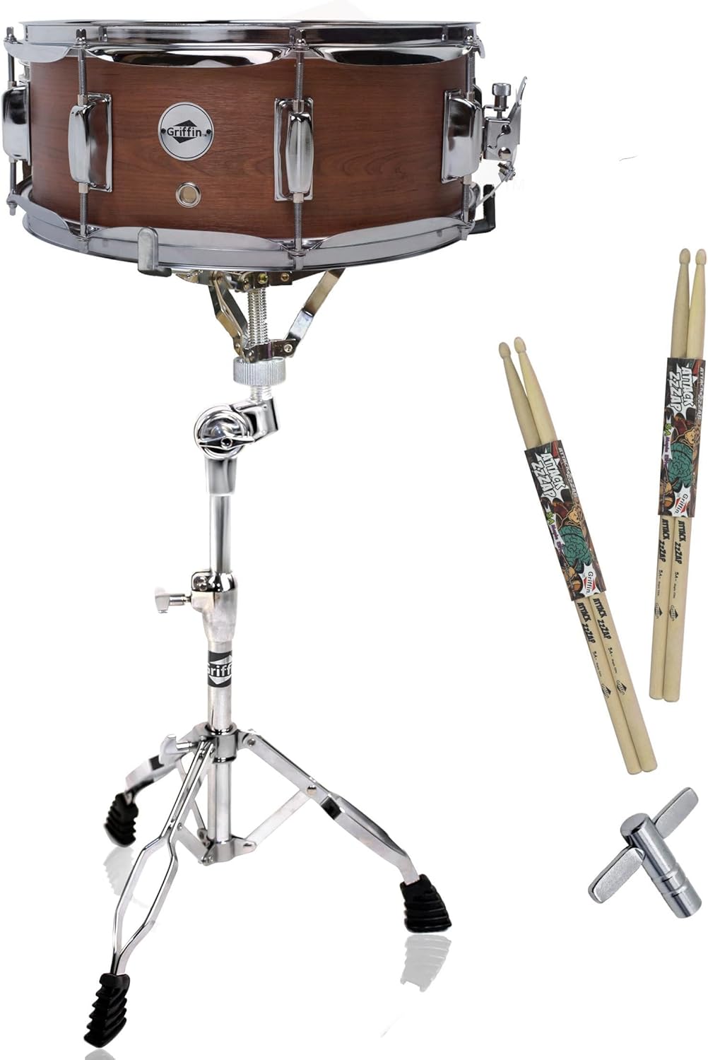 GRIFFIN 14" x 5.5" Snare Drum Package (PoplarPro Edition) – Wood Shell with Stand, 2 Pairs of Sticks, Key & Strainer – Flat Hickory PVC Wrap & 8 Lugs