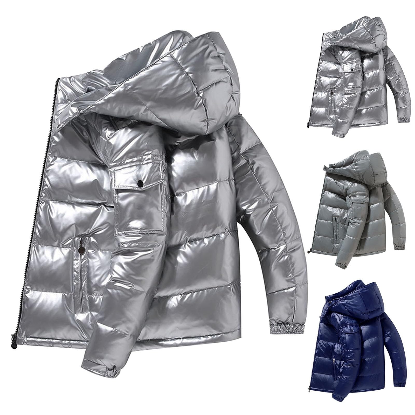 Generisch Piumino da uomo lucido caldo giacca invernale moda argento lucido giacca trapuntata calda imbottita con cerniera giacca con cappuccio tinta unita colletto alto giacca termica per esterni