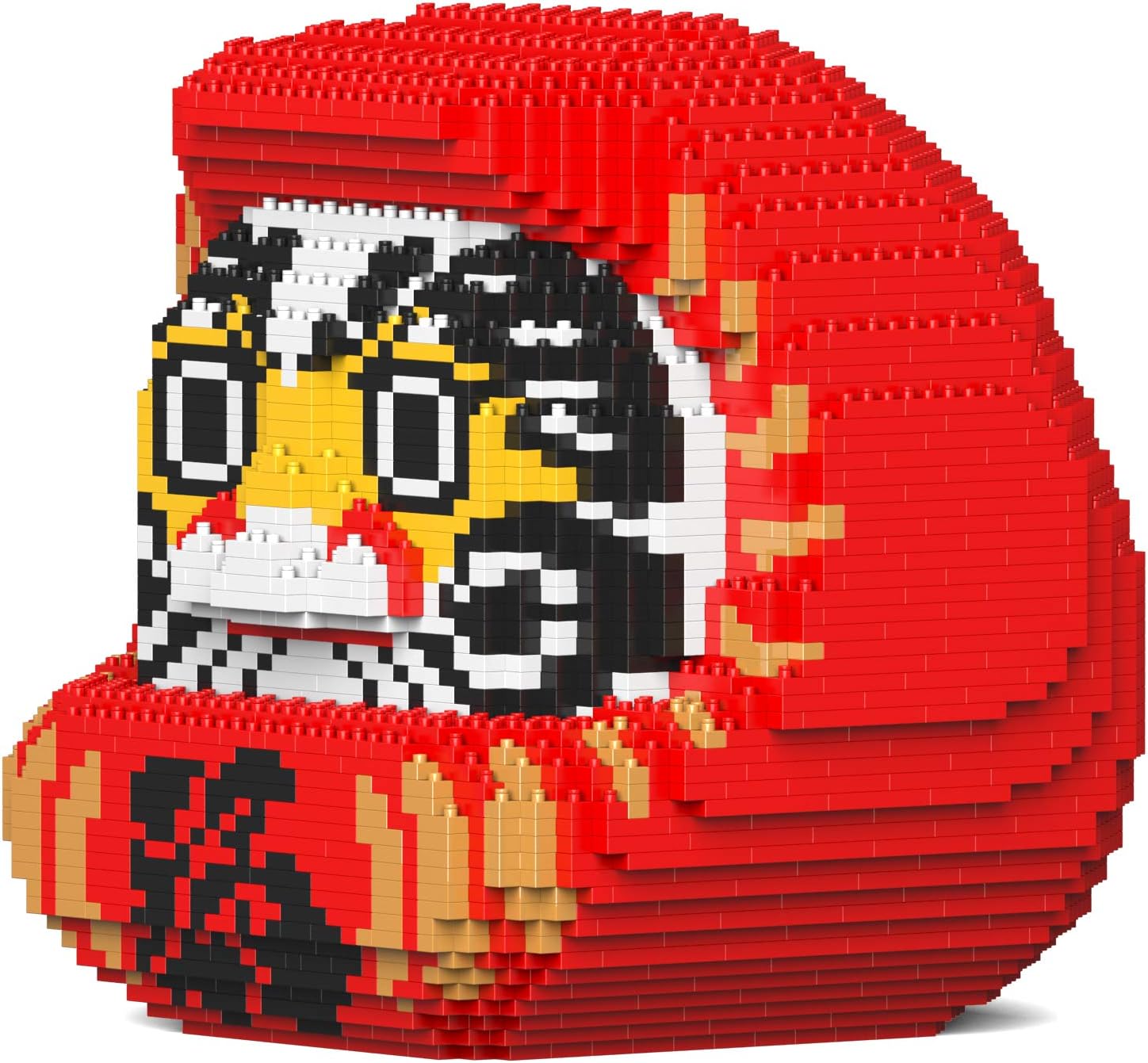 Angled view of the assembled JEKCA Daruma Doll 01S-M01, showing its sturdy construction.