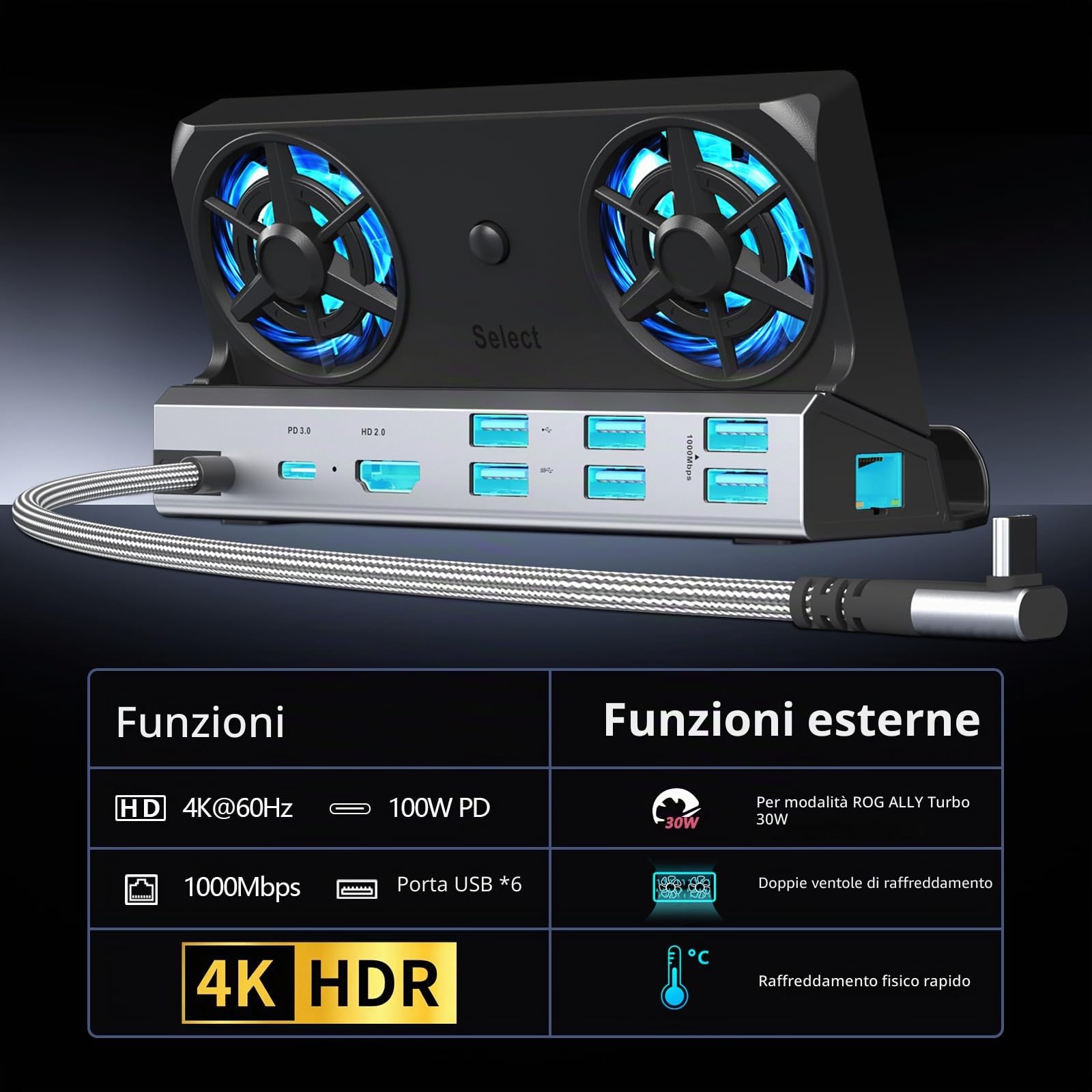 Dual Cooling Fans 9-in-1 Steam Deck Docking Station with HD 2.0,6 USB Ports,RJ45 1000Mbps,USB-C 100W PD, 40Gbps Adapter per Steam Deck/Rog Ally/Switch/Legion Go