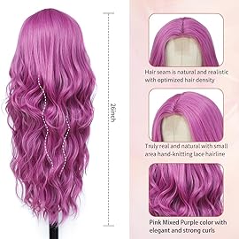 Long Purple Wig for Women 26Inch Wavy Curly Hair Wigs Synthetic Hair Replacement Wig Heat Resistant Hair Wig for Daily Party Use(26\'\' Purple)