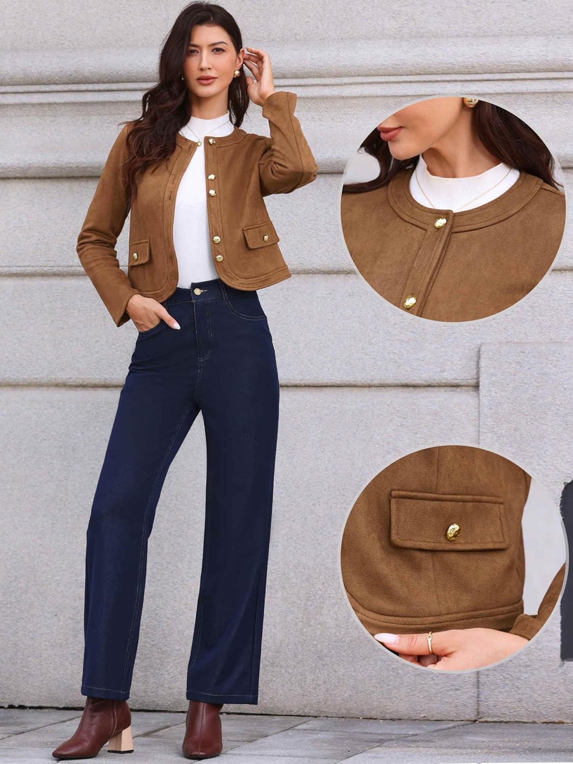 Allegra K Faux Suede Jacket for Women Collarless Long Sleeve Trendy Outerwear Button Down Vintage Casual Cropped Jackets - Image 4