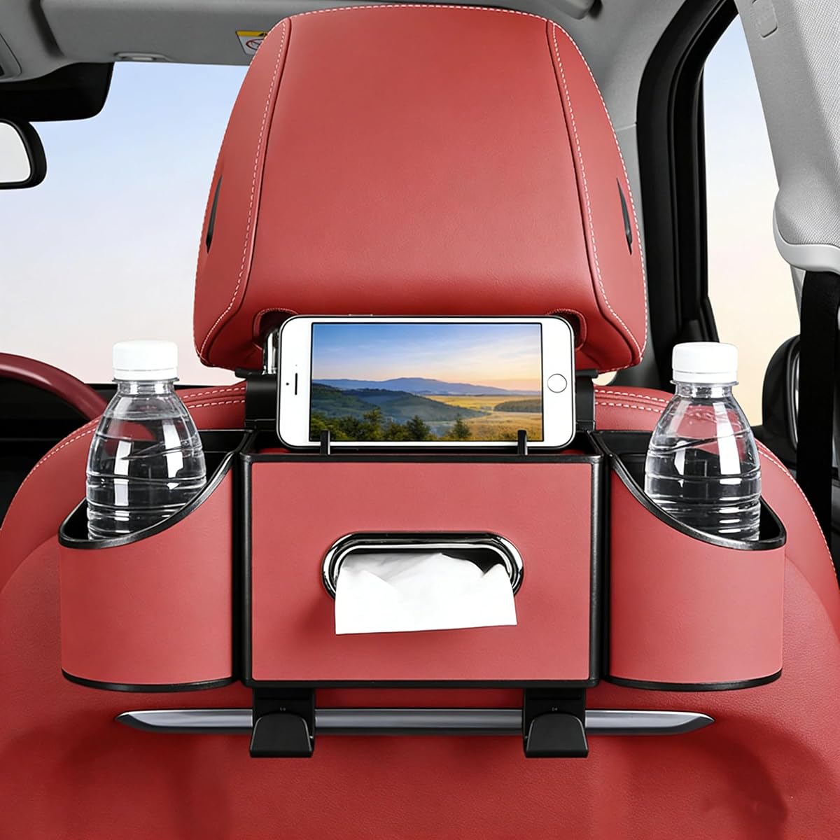 Organizador de asiento trasero para automóvil, Organizador de asiento de cuero de napa con portavasos | Soporte para caja de pañuelos integrado, montaje con doble gancho, acabado en cuero de primera calidad, ajuste de reposacabezas ajustable, superficie que se puede limpiar con un paño
