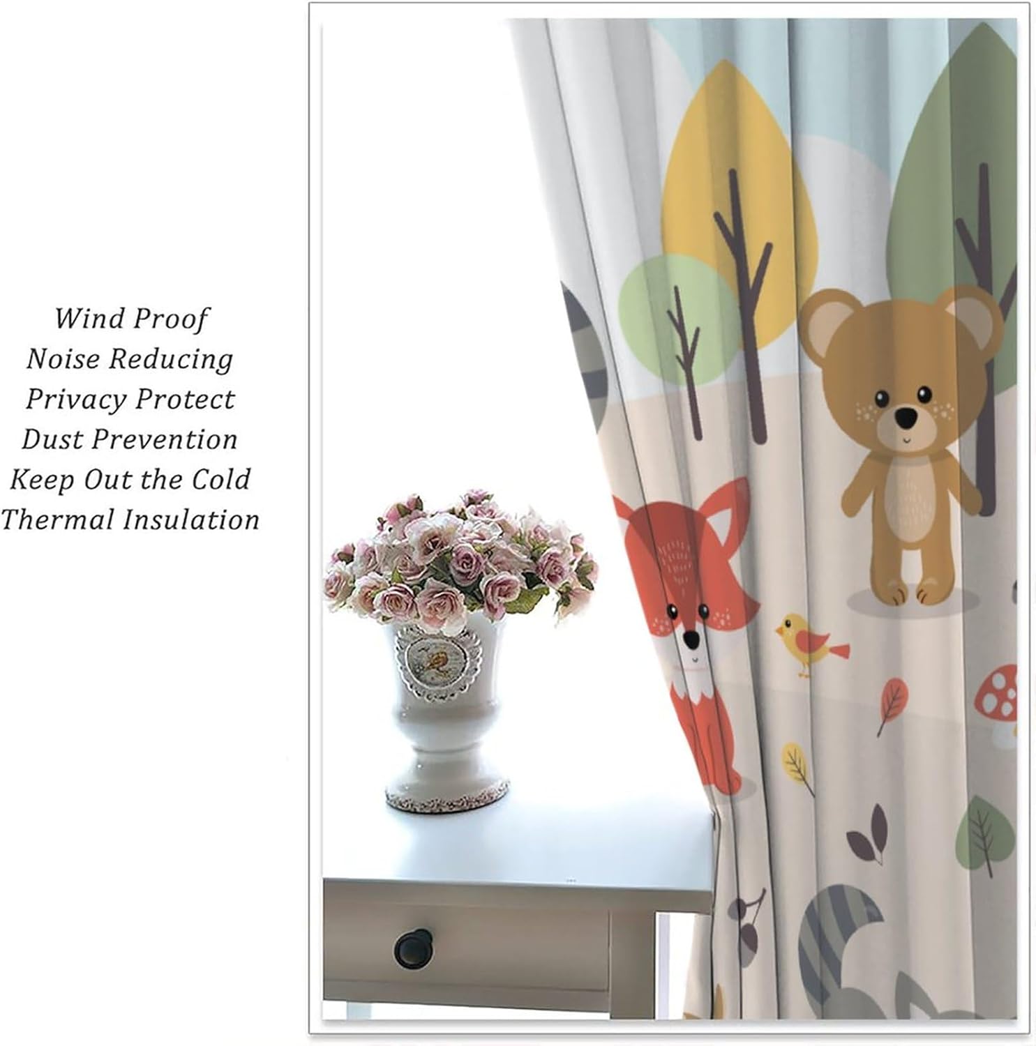 Kids Cartoon Forest Animal Curtains, Cute Woodland Animal Window Treatments for Bedroom Fox Bear Deer Bunny Bird Rabbit Blackout Window Drapes for Girls Boys Nursery Living Room 42x63in