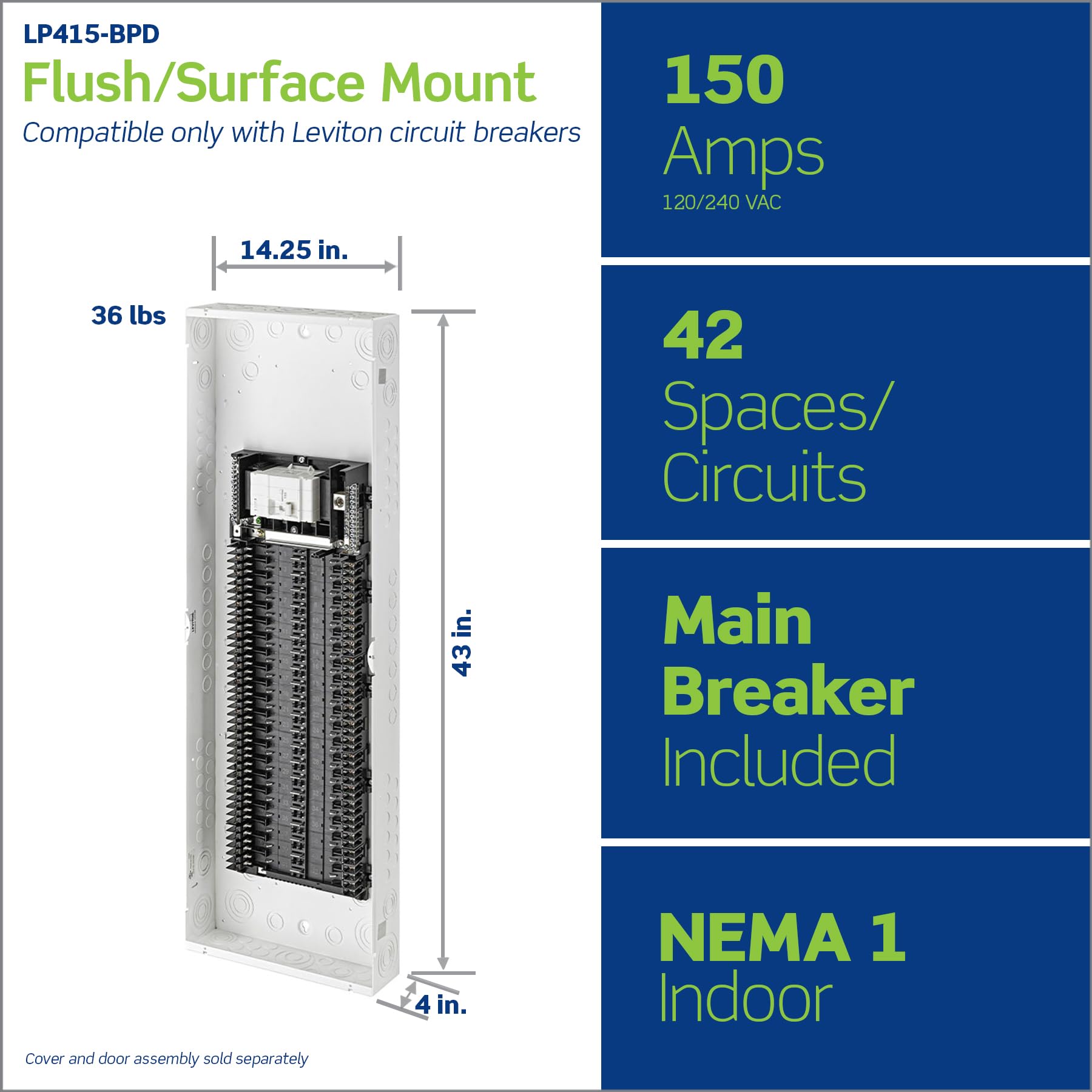 Leviton 42 Space, 42 Circuit Indoor Load Center with 150 Amp Main Circuit Breaker, LP415-BPD — Amazon image 2
