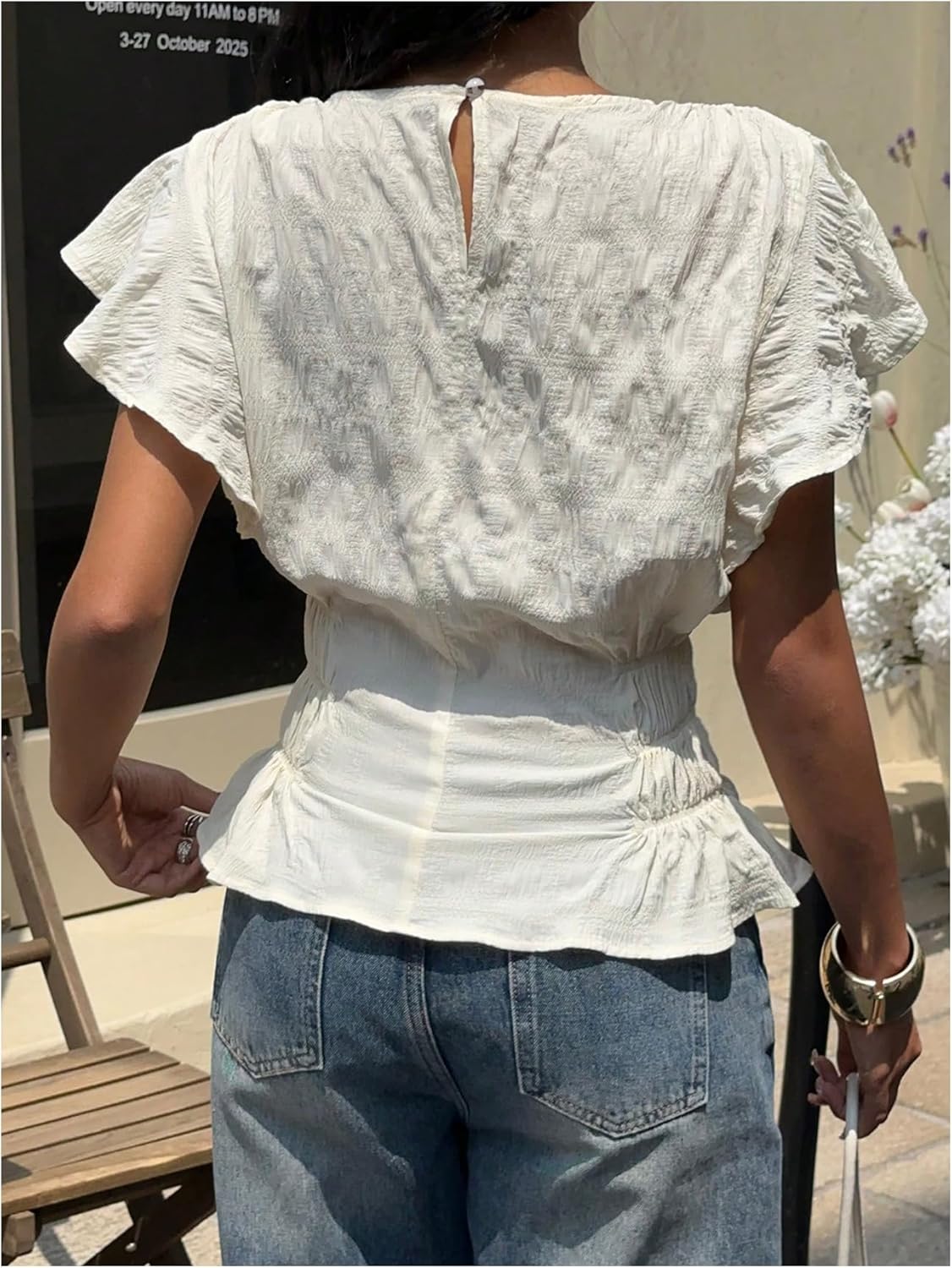 Floerns Women's Casual Ruffle Sleeve Blouse Top Crew Neck Shirred Going Out Tops - Image 3