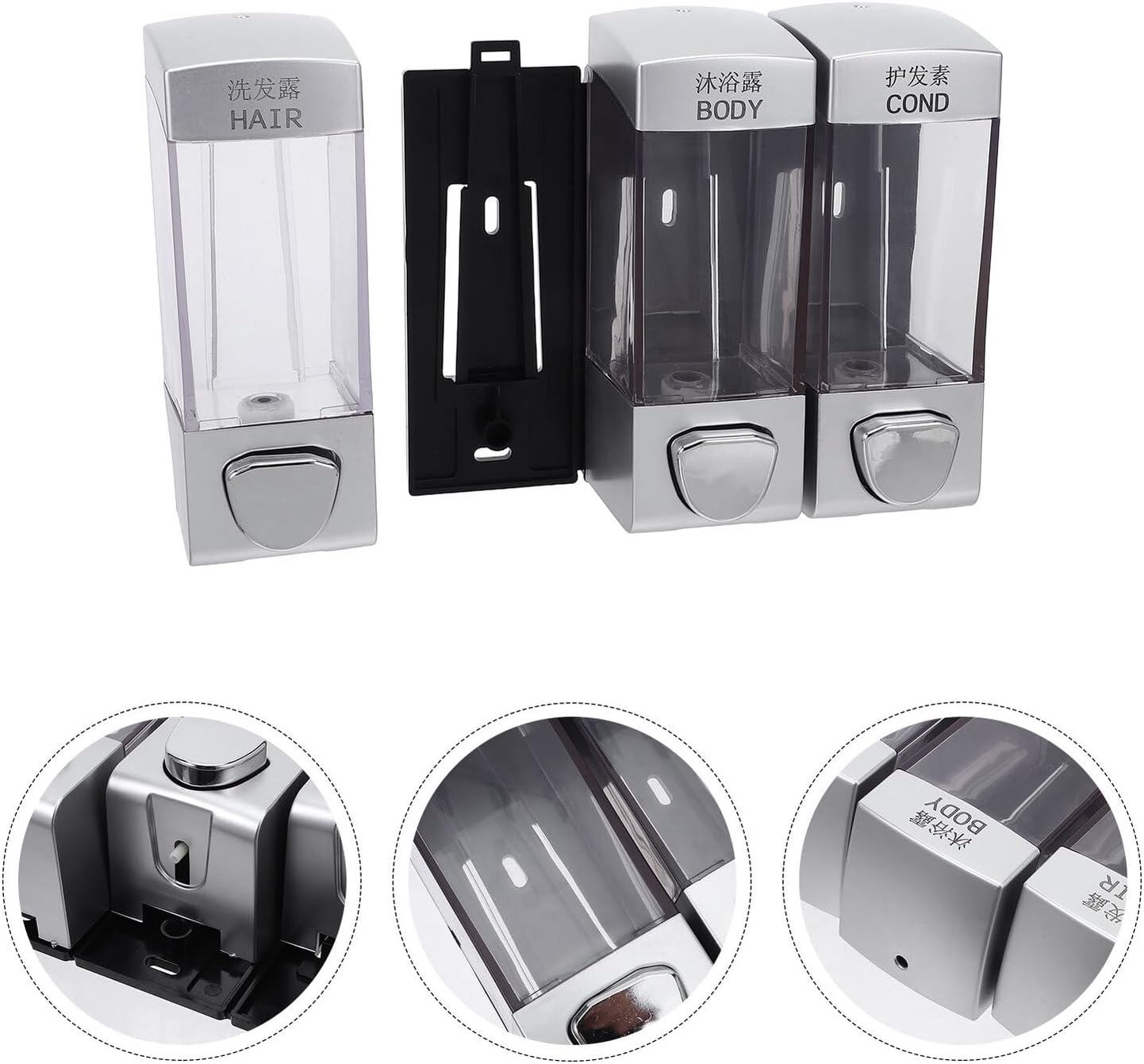 Wall-Mounted Triple Outlet Shampoo Pump Dispenser with Transparent Spring Design for Bathroom Shower Gel Conditioner Liquid Soap Storage Easy Install with Dual Language Logo for