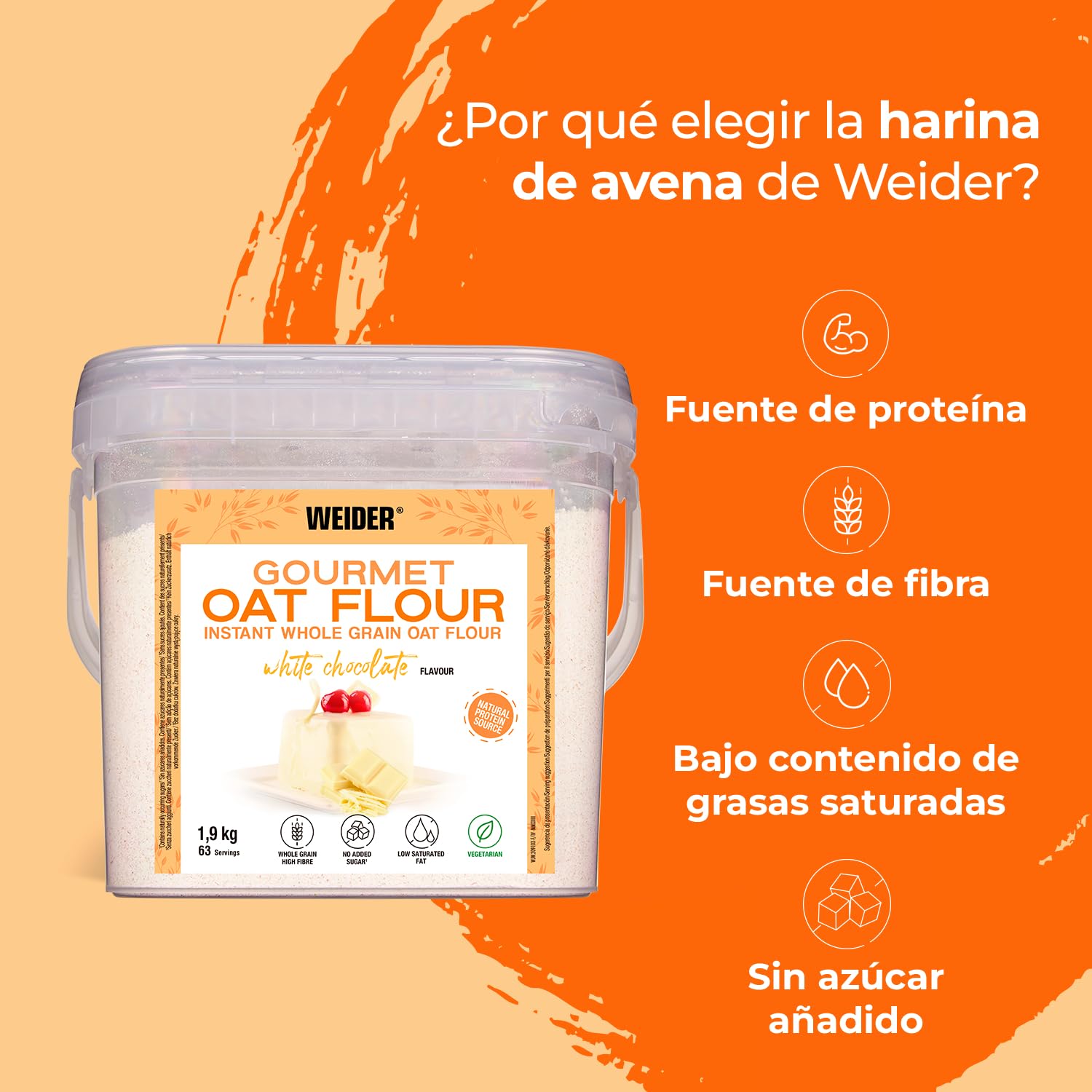 Weider Oat Gourmet Harina de Avena Integral, Fuente de Proteína con Bajo Contenido en Azúcares, Sabor Chocolate Blanco, 1.9 Kg