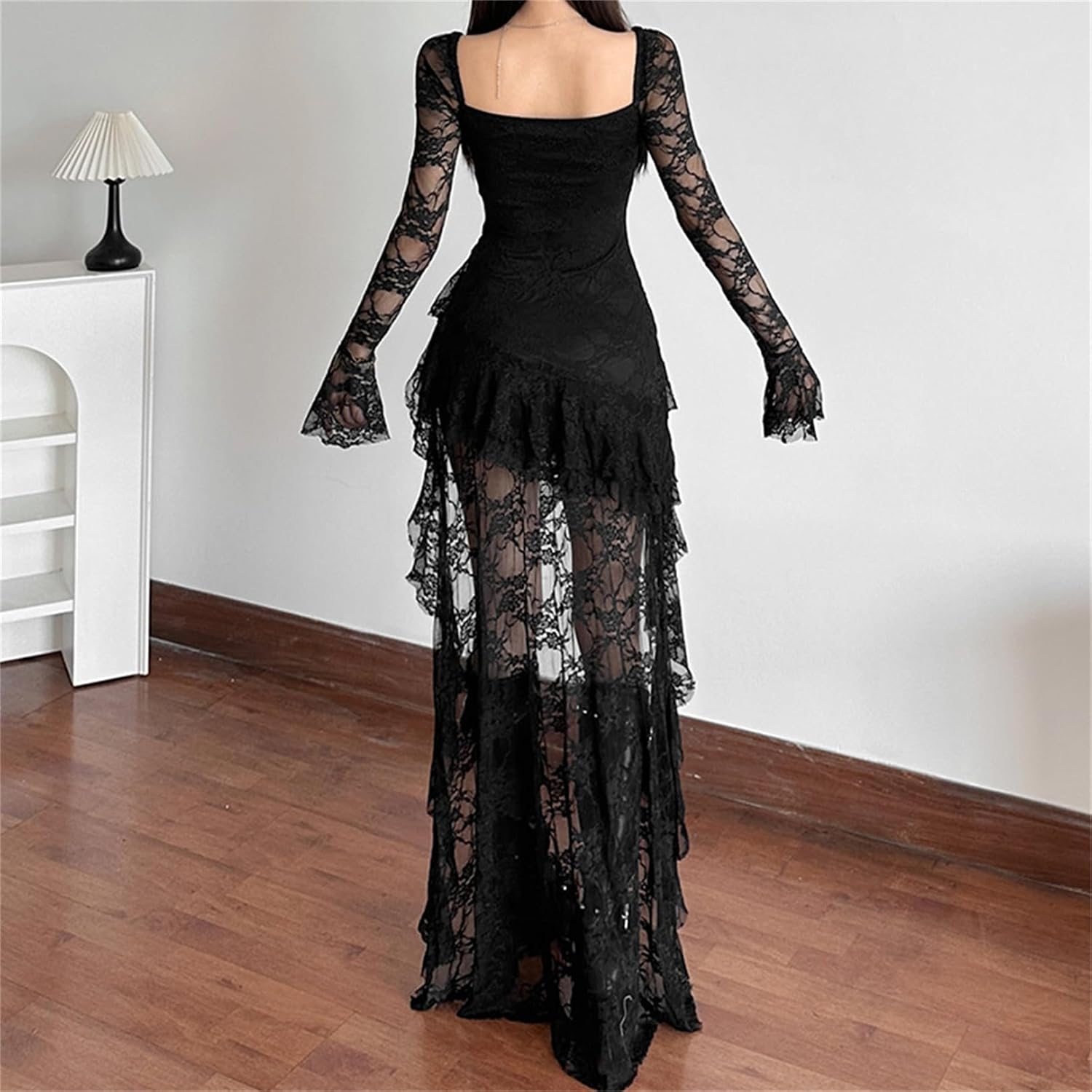 Elegant Lace Midi Dress for Women - Gothic Y2k Sheer Long Sleeve, Sweetheart Neck, High-Low, Ruffle, Disco Travel