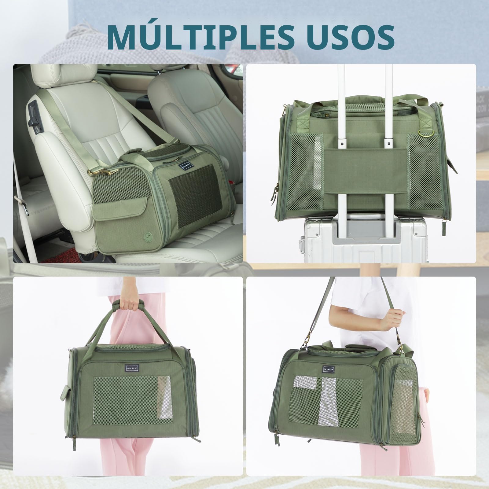 Petsfit Transportín Perro Gato Plegable Transportin Gato Mochila Mediano Grande Bolso Perro Pequeño Transpirable con Tirantes Ajustables y Acolchado Suave Coche y Tren, L/Verde