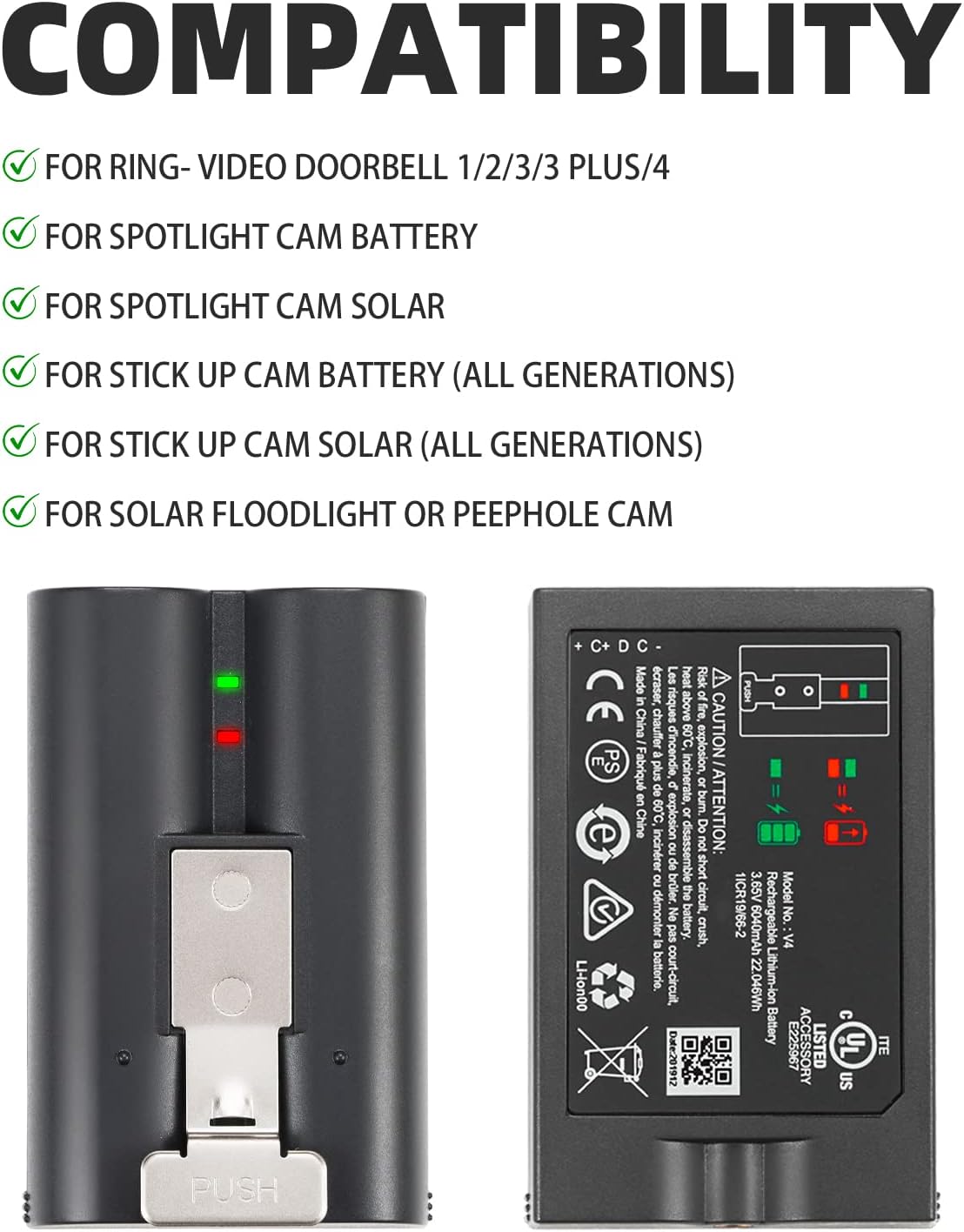 4 Pack Rechargeable Lithium-Ion V4 Batteries fit for Ring-Doorbell-Camera 2/3/4/3plus, Stick-Up Cam (2nd & 3rd Gen), Peephole/Spotlight Camera/Spotlight Cam solar/Camera Indoor Outdoor 3.65V 6040mAh