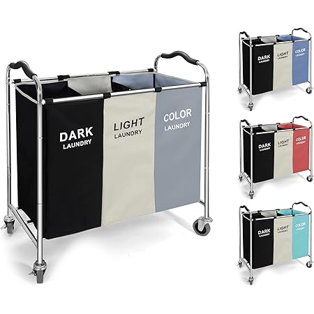 VEVOR Wäschekorb 3-Fach Mit Holztischplatte - 45,2 Liter Sortiersystem Auf Rollen