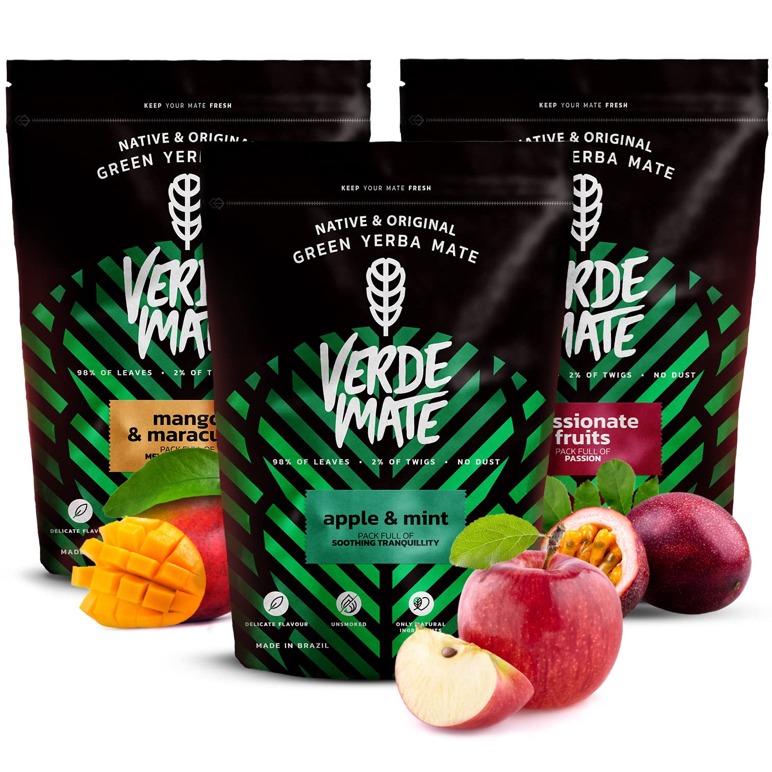 Verde Mate Green Fruity Yerba Mate Tea Set 3x500g - Mango & Maracuya, Mela & Menta, Frutta Passionale, Brasiliano