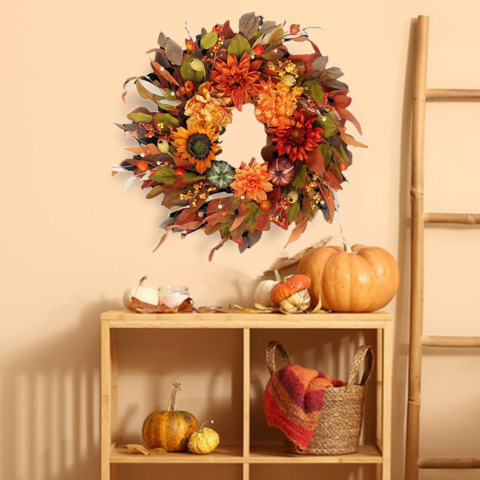 Corona De Otoño Para Puerta Artificial De 42 Centímetros | Coronas De Otoño Para Exterior Impermeables Para Decoración De Festival Acción De Gracias Halloween Vacaciones Puerta Y