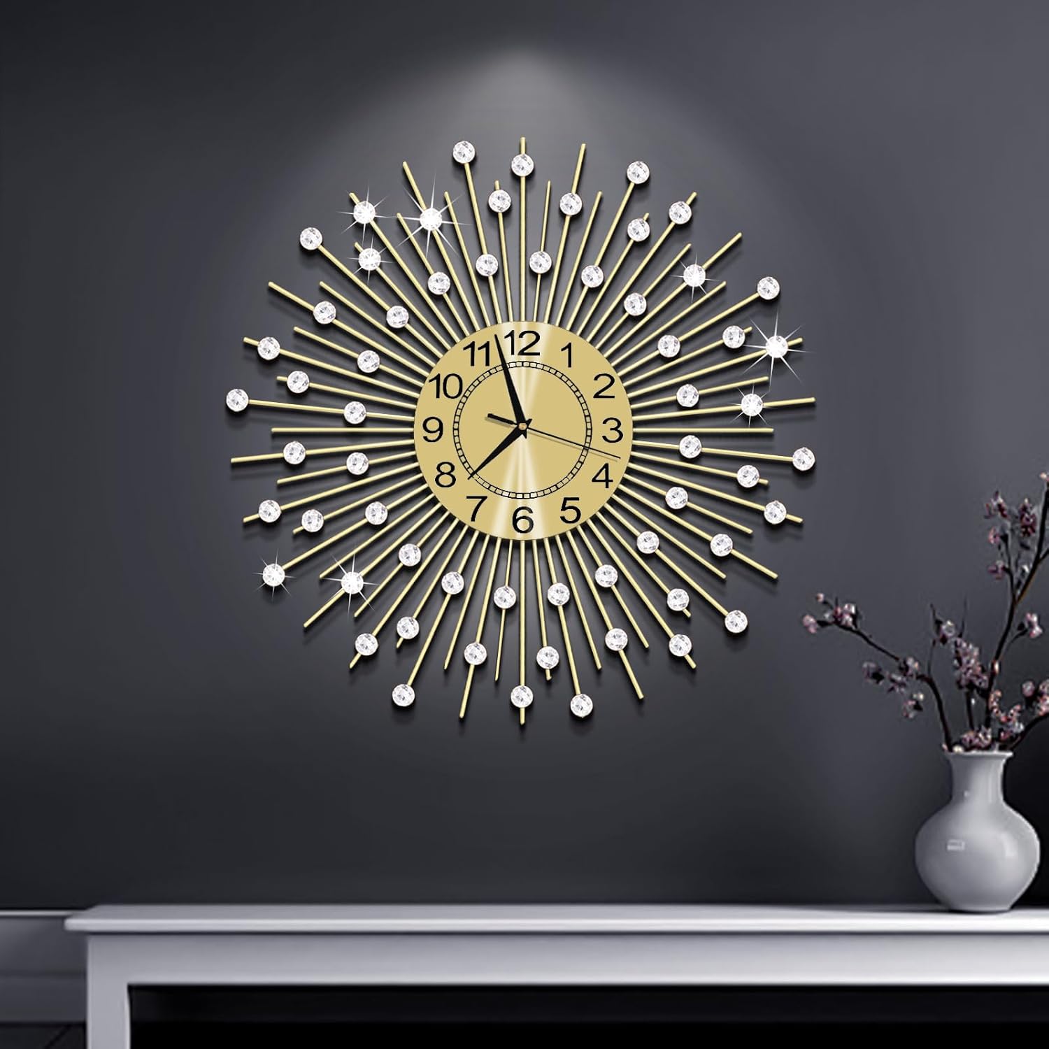 24 Inch Crystal Large Modern Metal Starburst Decor, Bling Crystal Wall Clock for Kitchen Office Bedroom Living Room Decorative Gold&jugv 24.0 Inch
