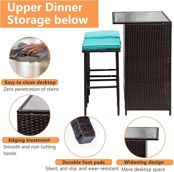 PayLessHere Rattan Bar Set 3Pcs Patio Wicker Bistro Set Sturdy Frame Bar Height Table with Glass Table Top Storage Shelves 2 Bar Stools for Patio Poolside Porch Outdoor Indoor, Khaki (Blue)