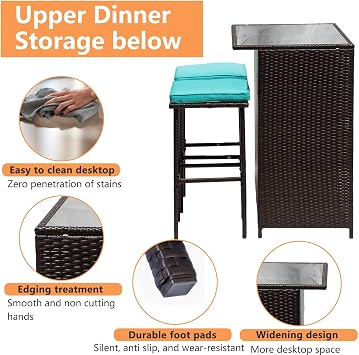 PayLessHere Rattan Bar Set 3Pcs Patio Wicker Bistro Set Sturdy Frame Bar Height Table with Glass Table Top Storage Shelves 2 Bar Stools for Patio Poolside Porch Outdoor Indoor, Khaki (Blue)