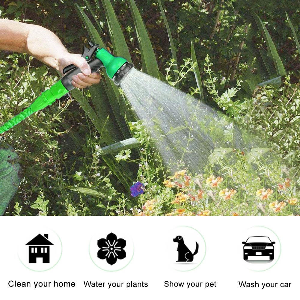 Tubo da giardino espandibile da 30,5 m, con ugello spray a 8 funzioni, per giardino, 3 volte espandibile, con raccordi da 3/4", 1/2", 37,5 m, verde