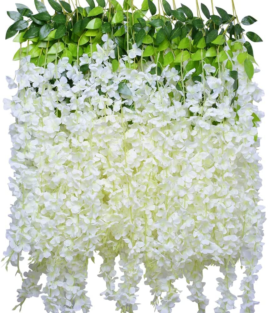 Artificial Flower, 12 Pack White Wisteria, 44" Fake Flower Bushy Silk Vine Ratta Hanging Garland for Wedding Party Garden Outdoor Greenery Home Wall Deco, Wedding Promenade Decoration (Milk White)
