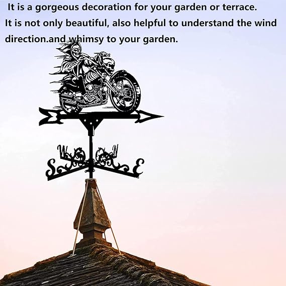 Weather Vane, Cast Iron Wind Vane with Motorcycle Ornament Indicator Professional Measuring Tool Outdoor for Roofs Weathervane Garden Yard Patio Decor Plug-in,Black