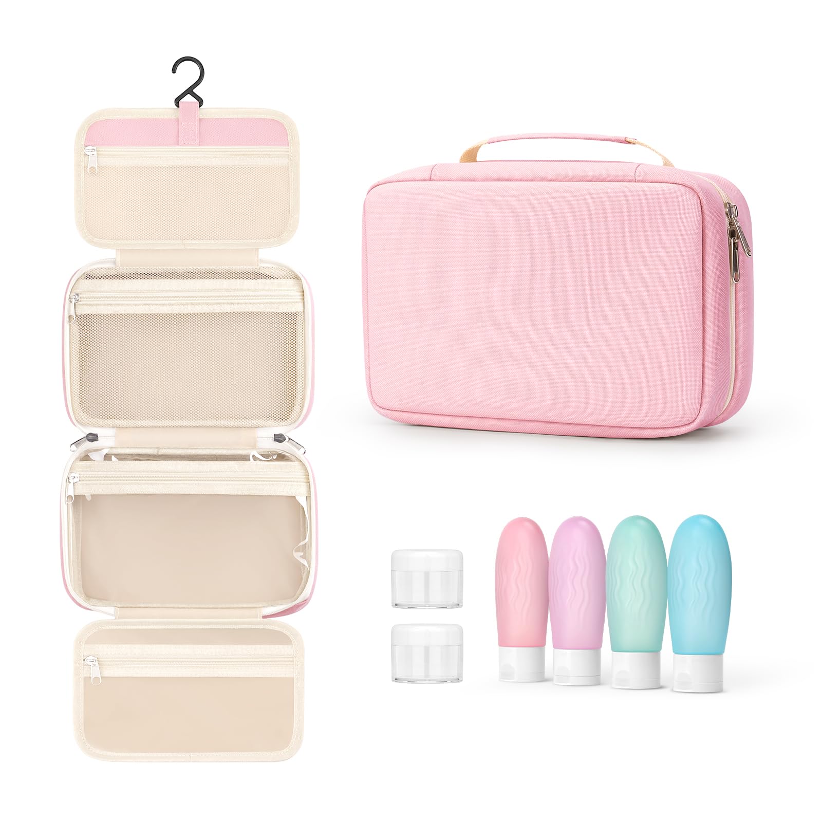 Toiletry Bag for Women with Travel Size Containers Set, Hanging Toiletry Bag for Full Size Toiletries, Skincare, Shampoo, Makeup Cosmetic Bag Travel Organizer, Water-Resistant Toiletry Bag, Pink