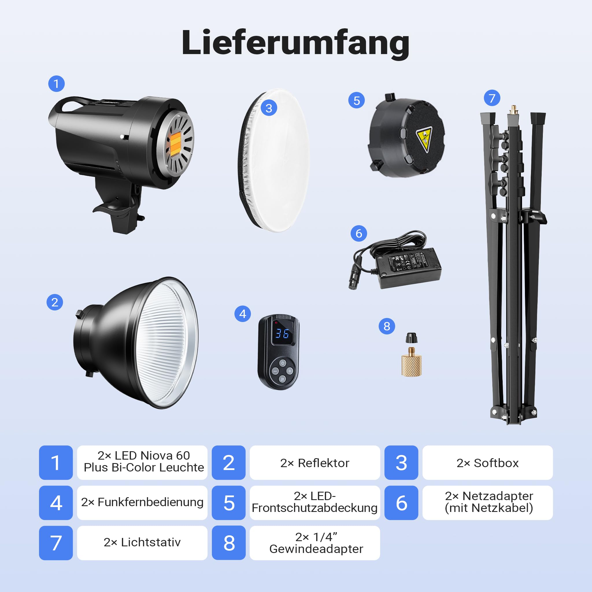 Walimex pro LED Niova 60 Plus + zestaw 2 statywów, lampy studyjne LED z reflektorem Bowens i miękkim dyfuzorem oraz statywy do lamp o wysokości roboczej do 215 cm