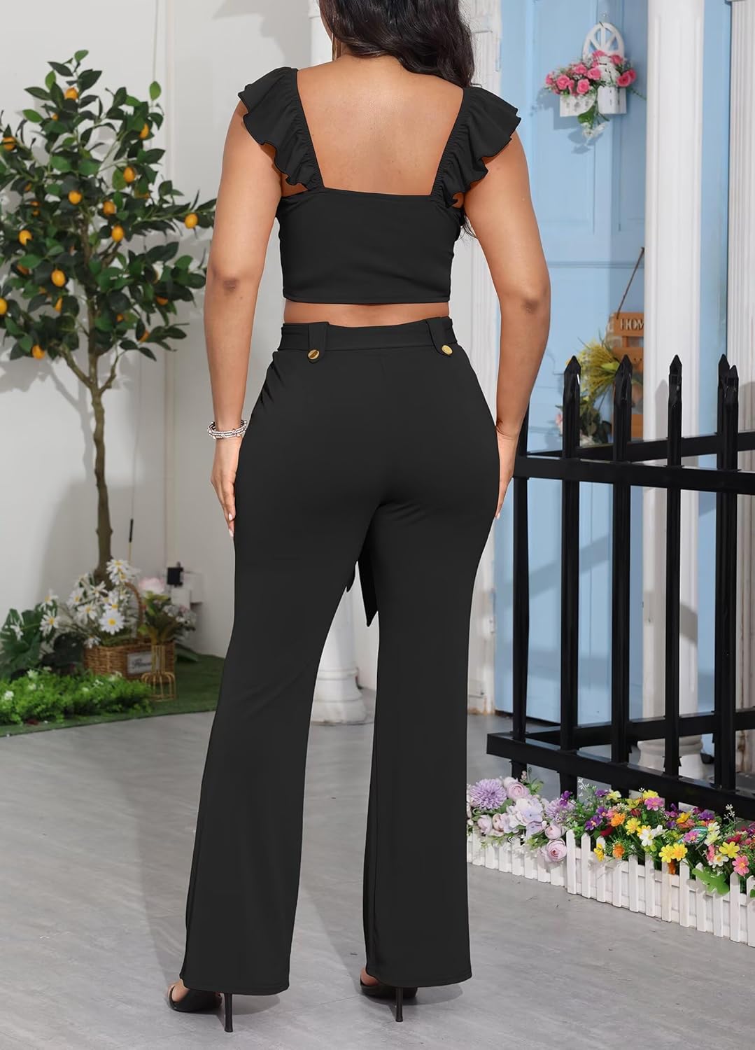 Aro Lora Womens 2 Piece Sets Summer Outfits Sweetheart Neck Flounce Sleeve Crop Top Pants Set with Pockets - Image 4