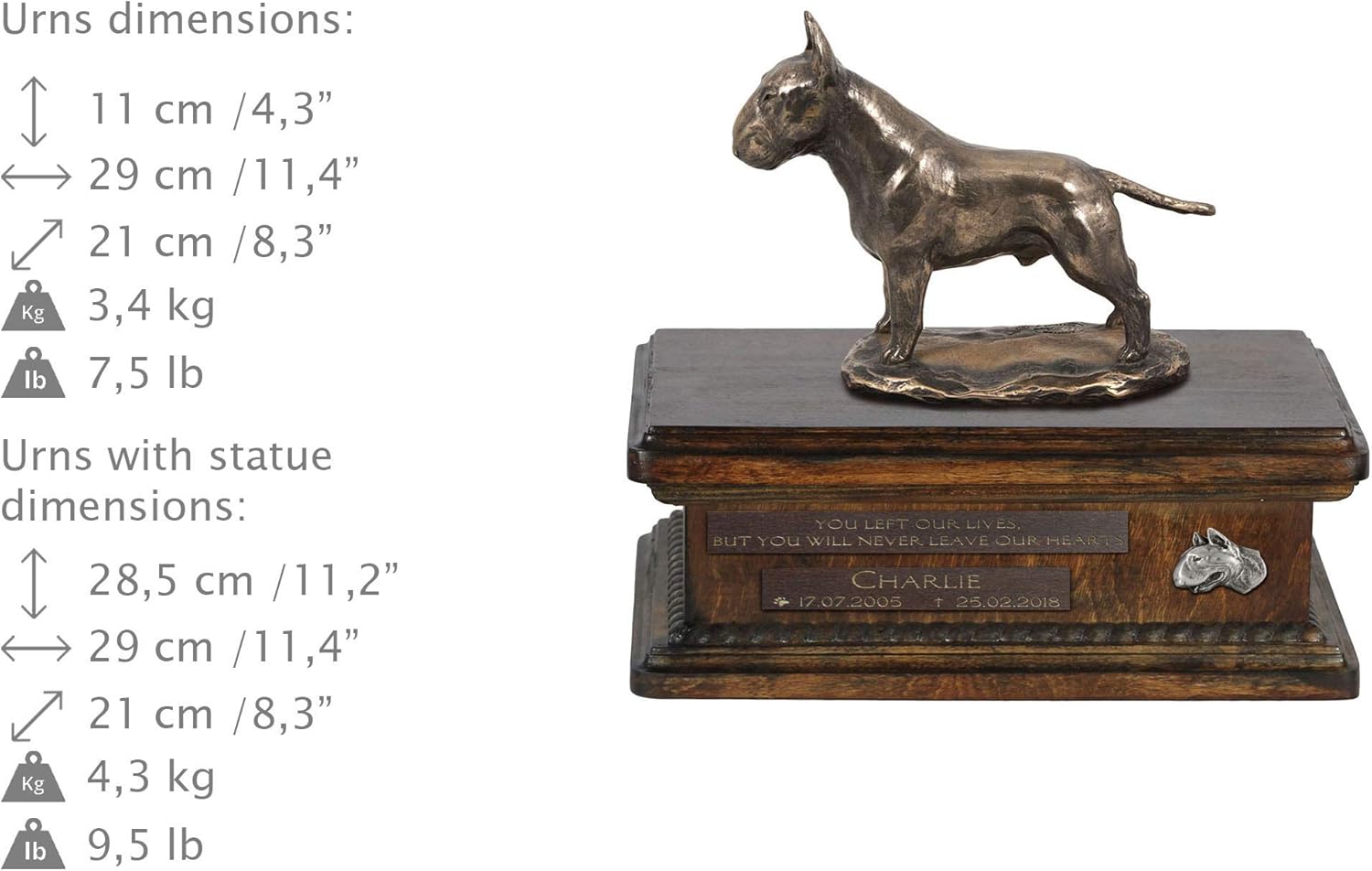 Art-Dog Custom Dog Sitting Statue Memorial Urn - Handmade Cold Cast Bronze on Birch Base – Sturdy and Stylish Urn for Dog’s Ashes – 8.3x11.4x8.7 – 5l – Bull Terrier