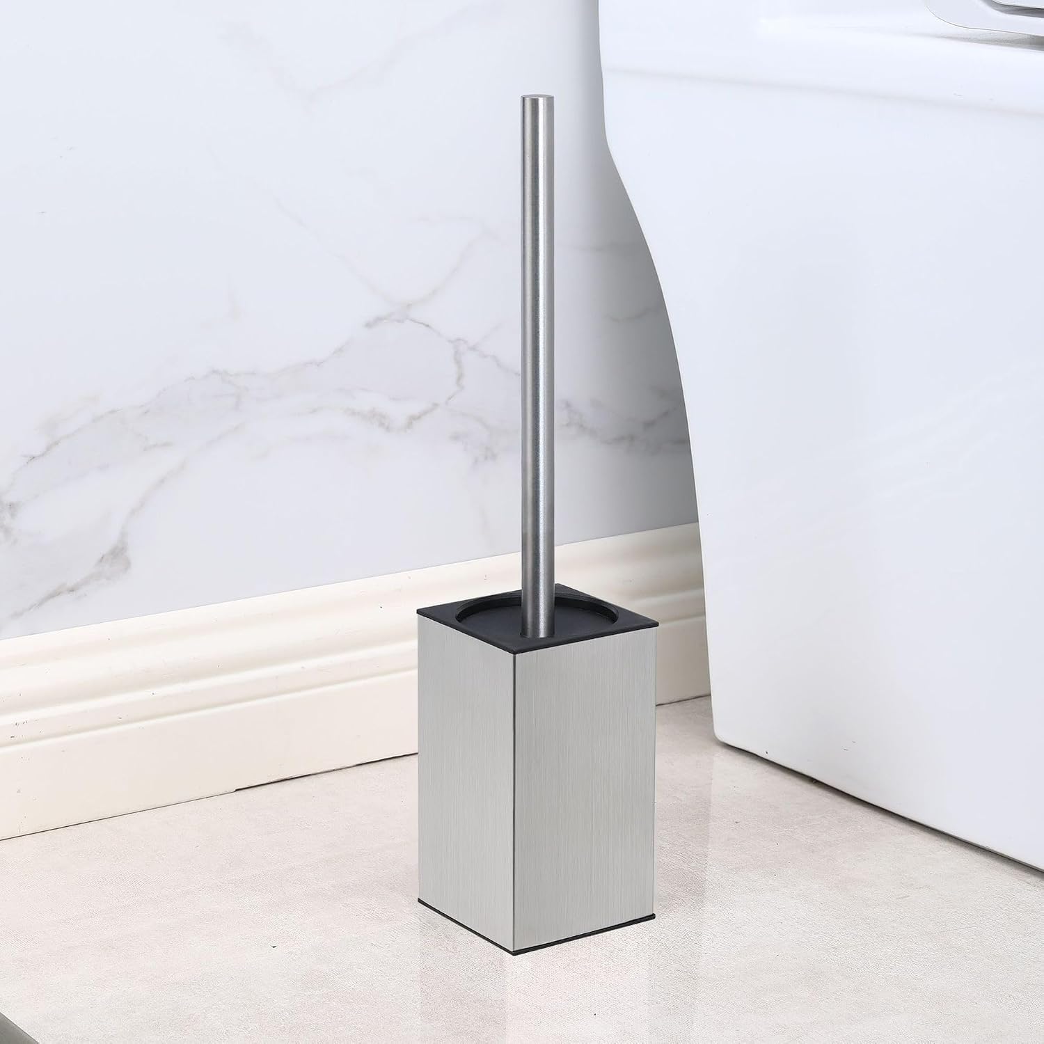 Toilet Brush and Holder, Stainless Steel Square Toilet Bowl Brush Freestanding with Lid,Toilet Cleaner Brush Set for Bathroom Storage,Brushed Silver