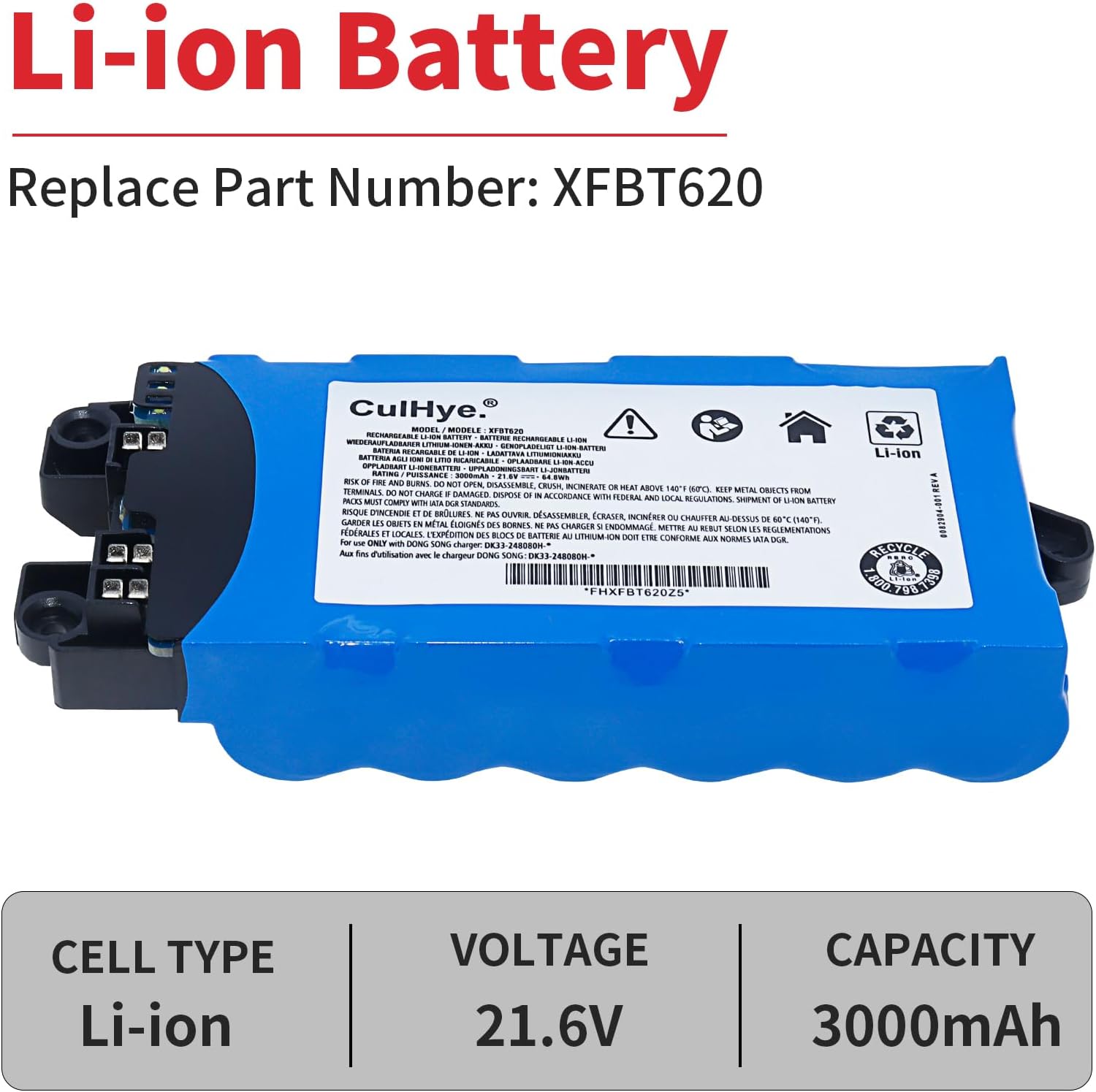 XFBT620 3000mAh Replacement Lithium-Ion Battery for Shark IX140 IX141 IX141H IX142 IZ140 IZ140C IZ141C IZ142 UZ145 Cordless Vacuum Cleaners