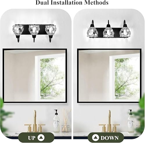 Miniatura 4 de Lámparas de baño de 3 luces, modernas luces de tocador de baño negras con pantalla de cristal de flores, lámpara de pared de baño para espejo,