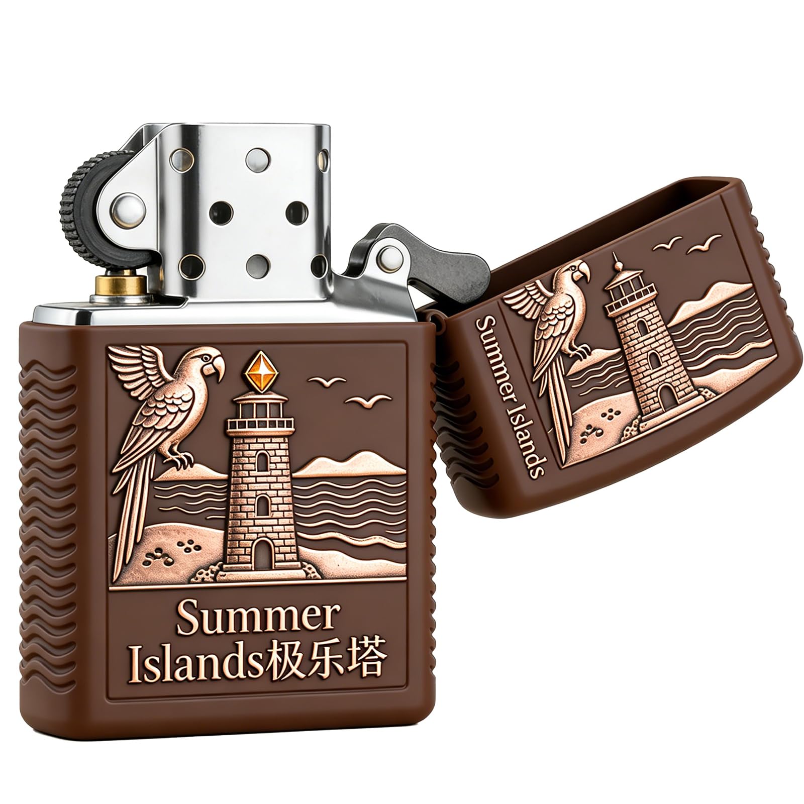 Vintage Lighthouse Parrot Carving Kerosene Lighter Windproof Reusable Wheel Grinding Open Flame Lighter for Daily Use (D)