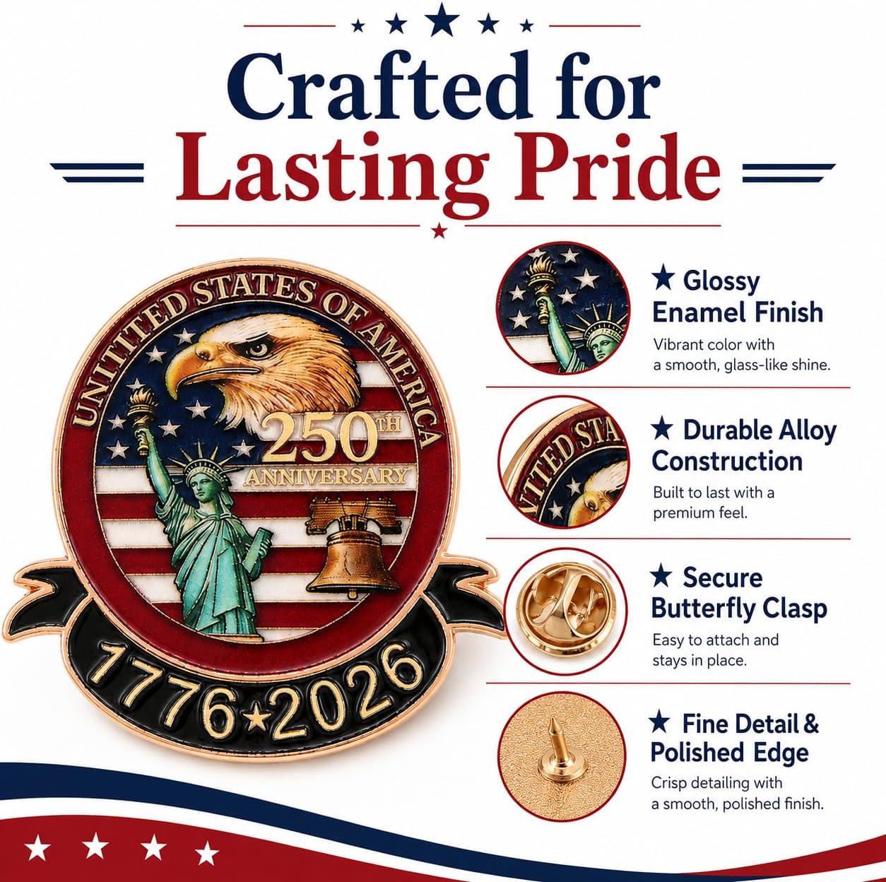 2/10/20PCS USA 250th Anniversary Enamel Pin 1776-2026 Patriotic Retro Lapel Brooch Pin,250 Years of America Commemorative Metal Badge, Independence Day Souvenir Gift for Veterans Collectors Men Women