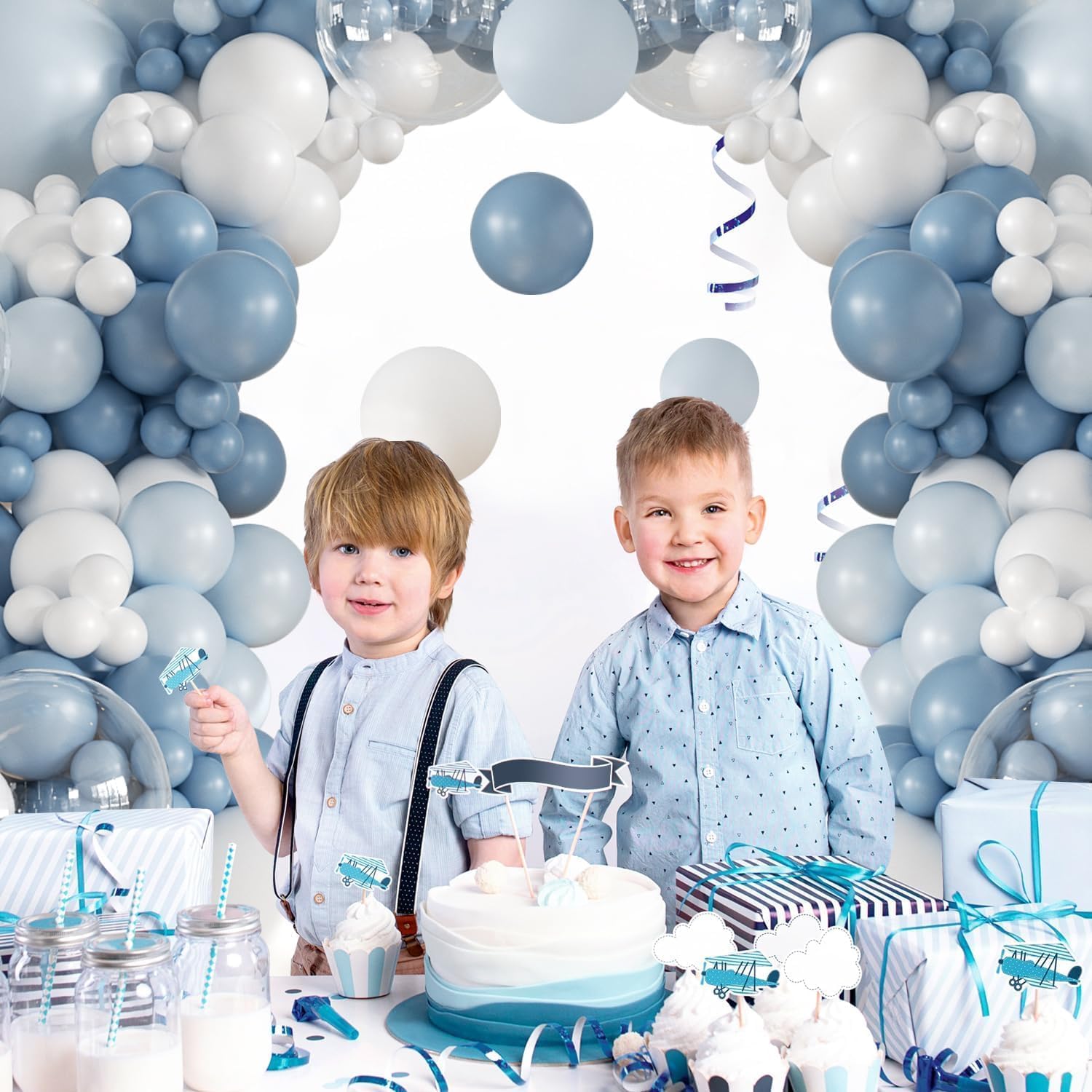 Набор воздушных шаров «Dusty Blue White», 113 шт. Набор воздушных гирлянд «Bluey White» с шарами «Macaron Blue Fog», «Blue Clear» и «Dusty Blue» — украшения для мальчиков на вечеринку по случаю рождения ребенка, крестины, день рождения