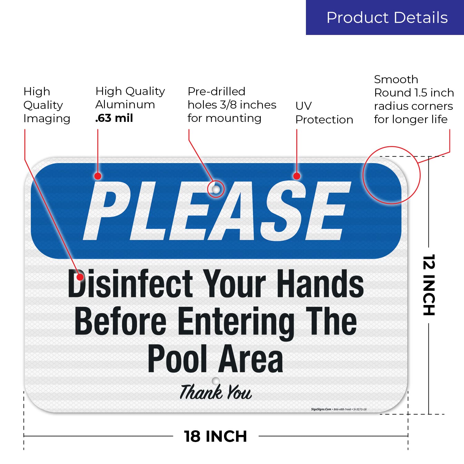 Social Distancing Sign, Disinfect Your Hands Before Entering The Pool, 12x18 Inches, 3M EGP Reflective .063 Aluminum, Fade Resistant, Easy Mounting, Indoor/Outdoor Use, Made in USA
