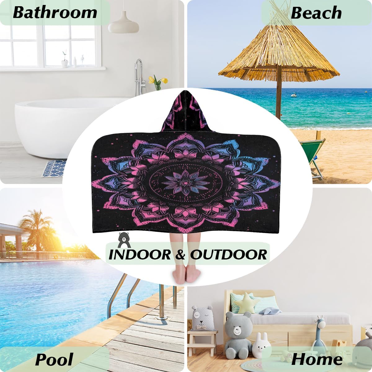 Kids Bath Towel Mandala Ethnic Beach Towel with Hood Pool Cover Up for Girls Boys Soft Absorbent Hooded Bath Towel Toddler Towels for Beach, Pool