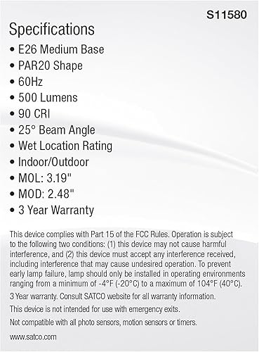Miniatura 5 de Satco S11580 LED PAR20 de 5.5 vatios base media acabado plateado CCT seleccionable 120 voltios ángulo de haz de 25 grados 5.5PAR20LED5CCTSP120V para