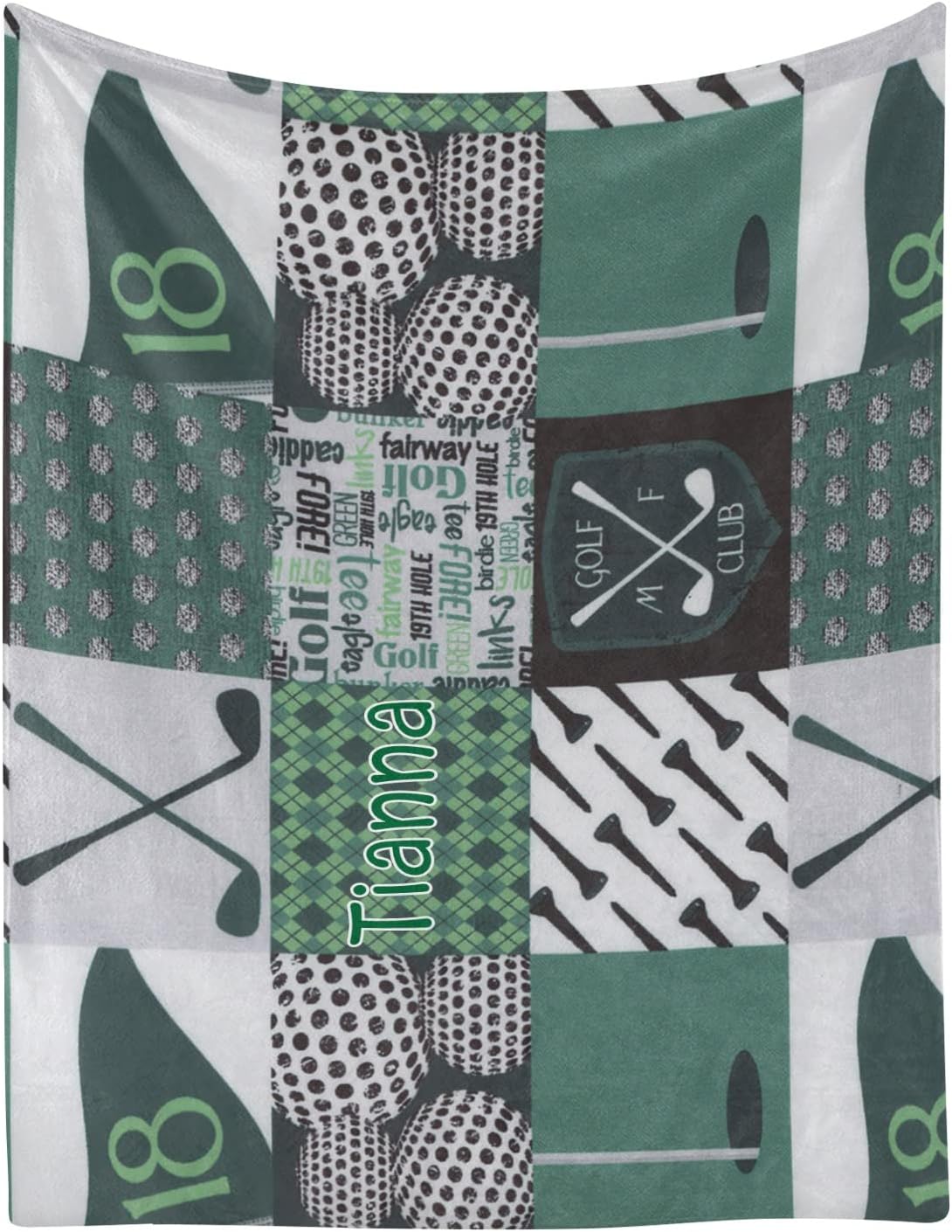 Personalized Golf Blackish Green Patchwork Blanket with Name Text Custom Super Soft Fleece Throw Blankets for Couch Sofa Bed 50 X 60 inches