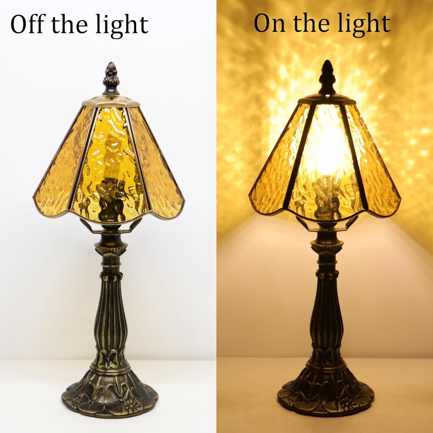 Small Tiffany Table Lamp Yellow Rippled Stained Glass Desk Lamps 6X6X14 Inch Bronze Resin Base Antique Mini Accent Light