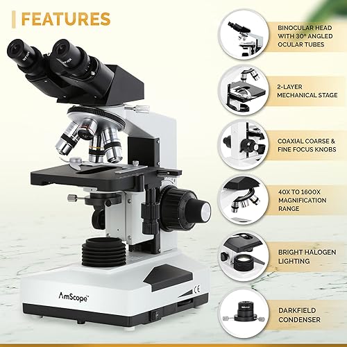 Miniatura 2 de AmScope Microscopio binocular compuesto B490B-DK, Oculares WF10x y WF20x, aumento 40X-2000X, BrightfieldDarkfield (BFDF), Iluminación halógena,