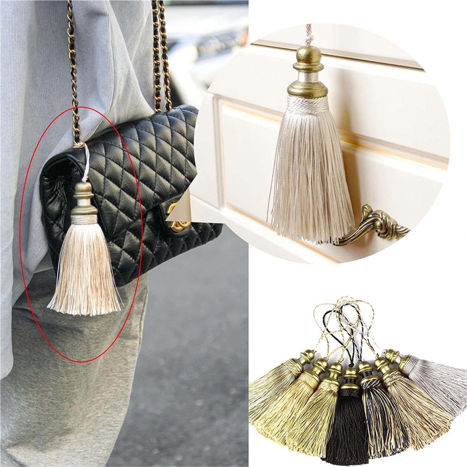 Quasten, Seiden-Fransenborte mit goldener Quaste, für Vorhangdekoration und DIY-Schmuckhandwerk, 10 Stück