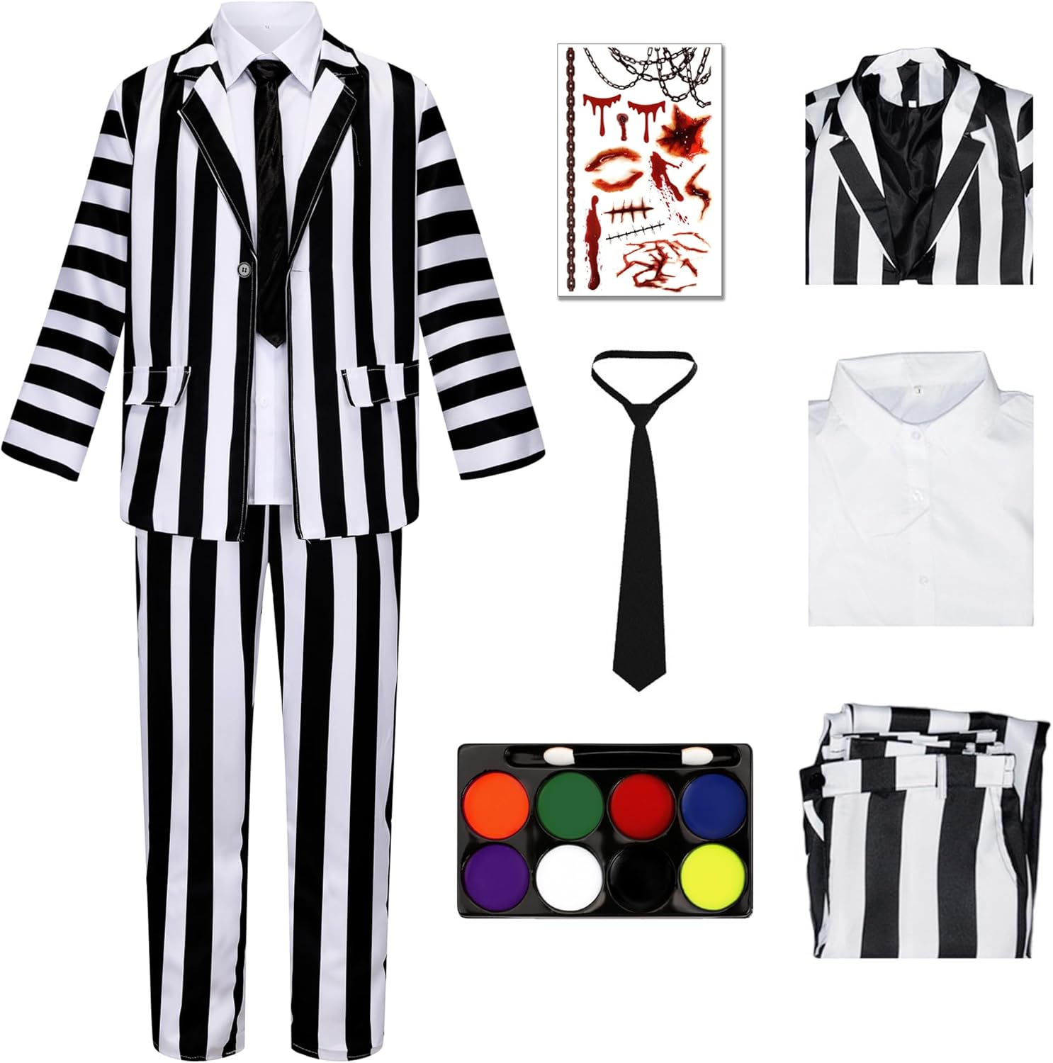 6 Pieces Adult Black White Striped Costume For Men Halloween Cosplay Party Outfit 3X-Large Black